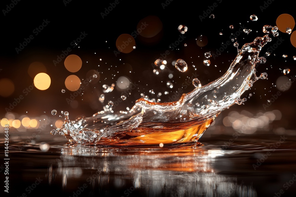 Poster water splash creates dynamic visual effect with bokeh lights in the background during evening hours