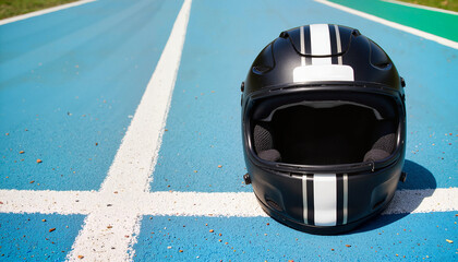 Fototapeta premium Black racing helmet on blue track with white lines and copy space