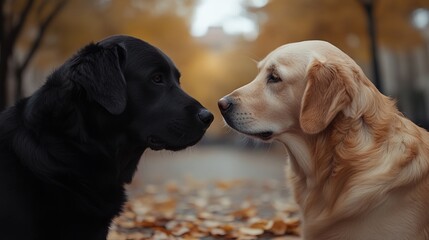 Two dogs are looking at each other with their noses touching