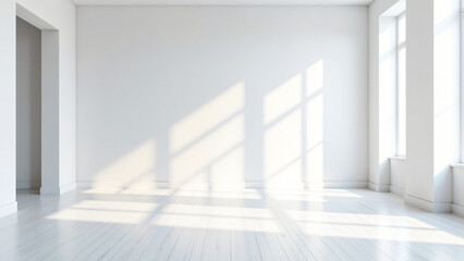 Fototapeta premium Empty white room, white walls, white floor,Minimalist white room with sunlight streaming through windows