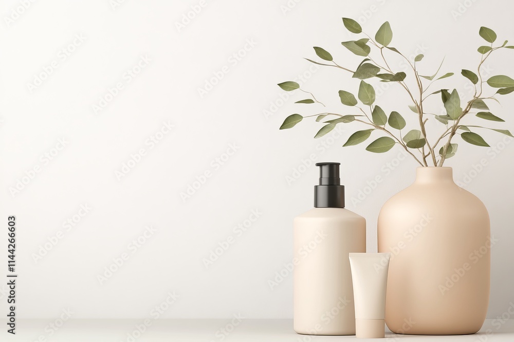 Poster elegant display of minimalist skincare products with natural elements in a calming setting