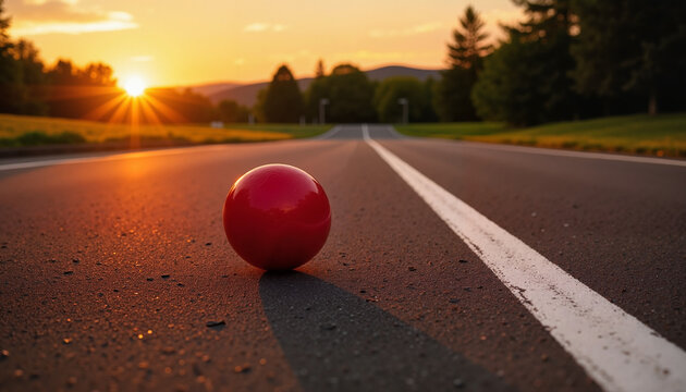 Red cricket ball rolling on asphalt road with sunset background and copy space, cricket theme