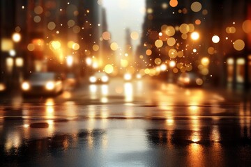 City streets illuminated by lights and reflections during a rainy evening in an urban setting