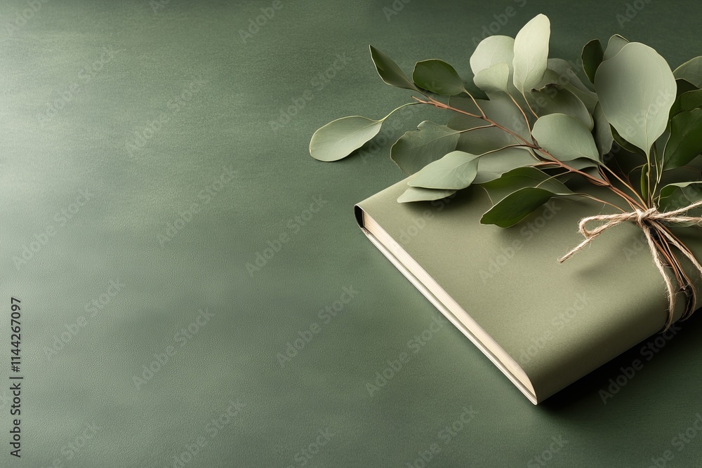 Poster elegant green notebook with fresh foliage on a textured surface ideal for journaling or note-taking