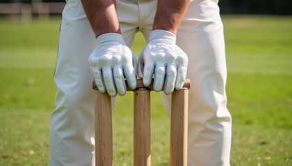 Cricketer adjusting gloves on cricket stumps in outdoor field with focus and copy space, cricket theme