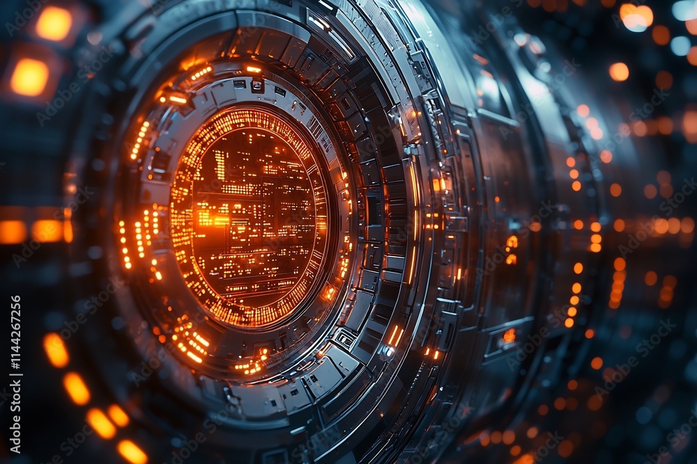 Poster virtual vault door with lock symbols protecting sensitive data for futuristic cybersecurity concept