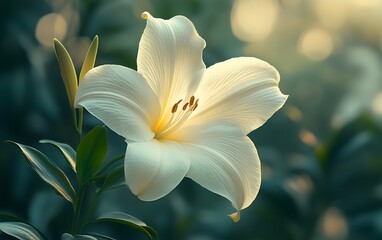 Obraz premium Close-up of a single, elegant white lily flower in bloom, illuminated by soft sunlight against a blurred green background.