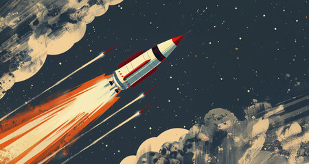 Retro rocket launch in space: vintage illustration of space exploration concept