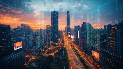 Vibrant cityscape at sunset with digital overlay.