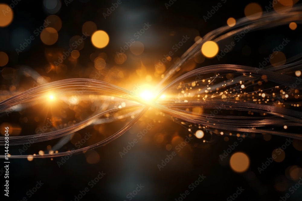 Poster vibrant golden light waves with sparkling particles create a mesmerizing visual effect in a dark set
