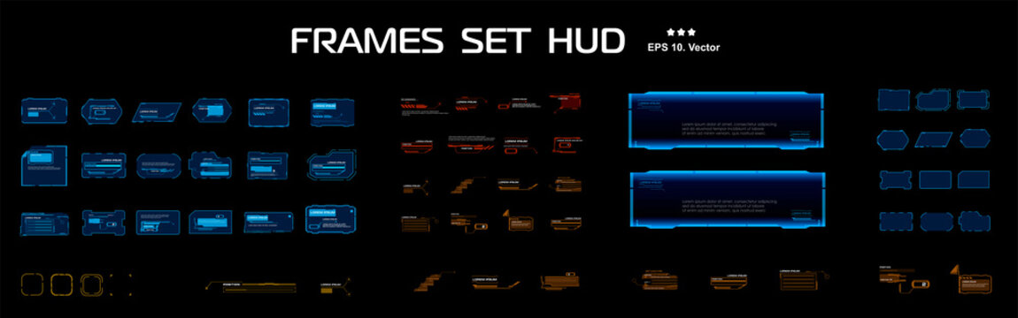 Blocks and frames. Big vector set with frames. Modern technological frames and HUD user interface windows.  Windows with parameters and data. Vector templates with frames