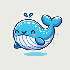 Cute blue whale spraying water vector illustration in kawaii cartoon style