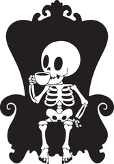 skeleton sitting in a beach chair drinking coffee 