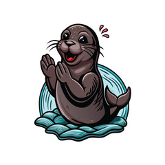 A playful harbor seal enthusiastically clapping its flippers, perched on a sun-drenched rocky shore.