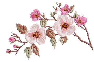 Delicate Embroidered Floral Branch with Pink and Peach Blossoms