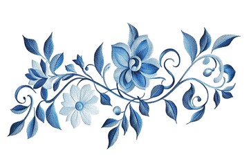 Fototapeta premium Delicate blue floral embroidery design on white background