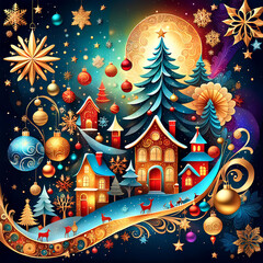 A colored card showcasing various decorations celebrating Christmas