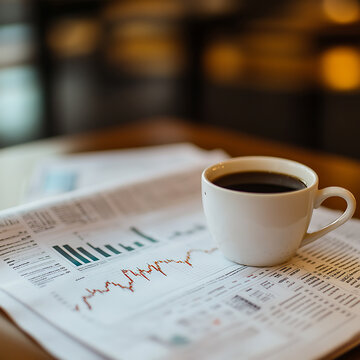 Financial newspaper with stock market charts and trends, coffee