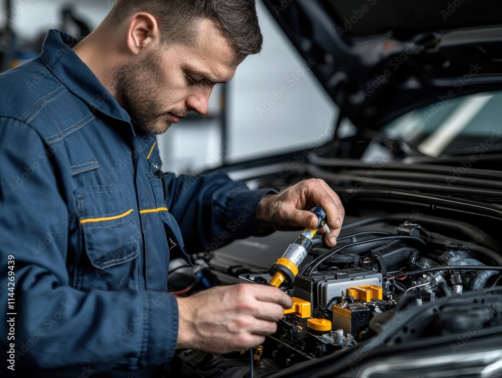 Poster mechanics repair engine testing. a mechanic repairs an engine with tools in a workshop setting.