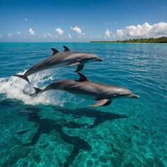 Fototapeta premium A pod of dolphins leaping playfully in a tropical turquoise ocean.