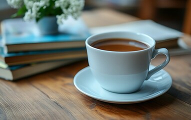 Fototapeta premium A cup of tea sits on a wooden table next to a stack of books and flowers.
