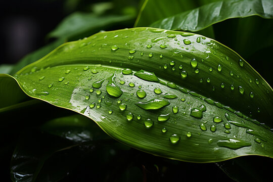 Highlights manner in which raindrops form droplets on leaf surfaces, capturing intricate textures and patterns formed by water on foliage - Powered by Adobe