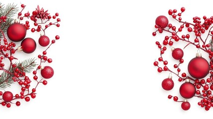 Obraz premium Red Christmas ornaments and berries on white background.