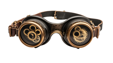 Steampunk goggles with brass gears and leather straps isolated on transparent background