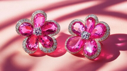 Fototapeta premium Pink Flower-Shaped Earrings with Sparkling Gemstones and Diamonds