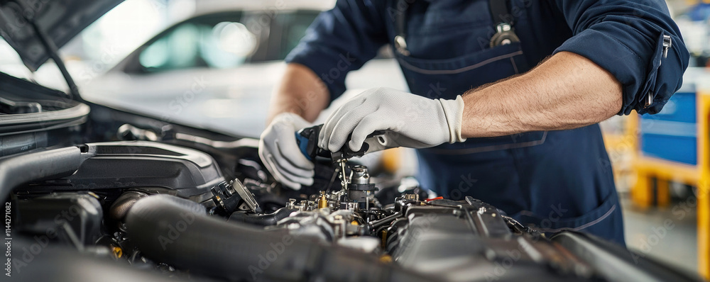 Poster mechanics repair engine testing. mechanic repairing an engine with tools in a workshop setting.