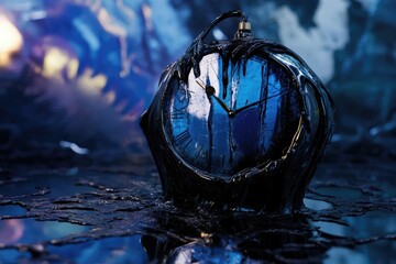 A melting clock, surreal and dark, dripping black liquid against a blue, blurry background.