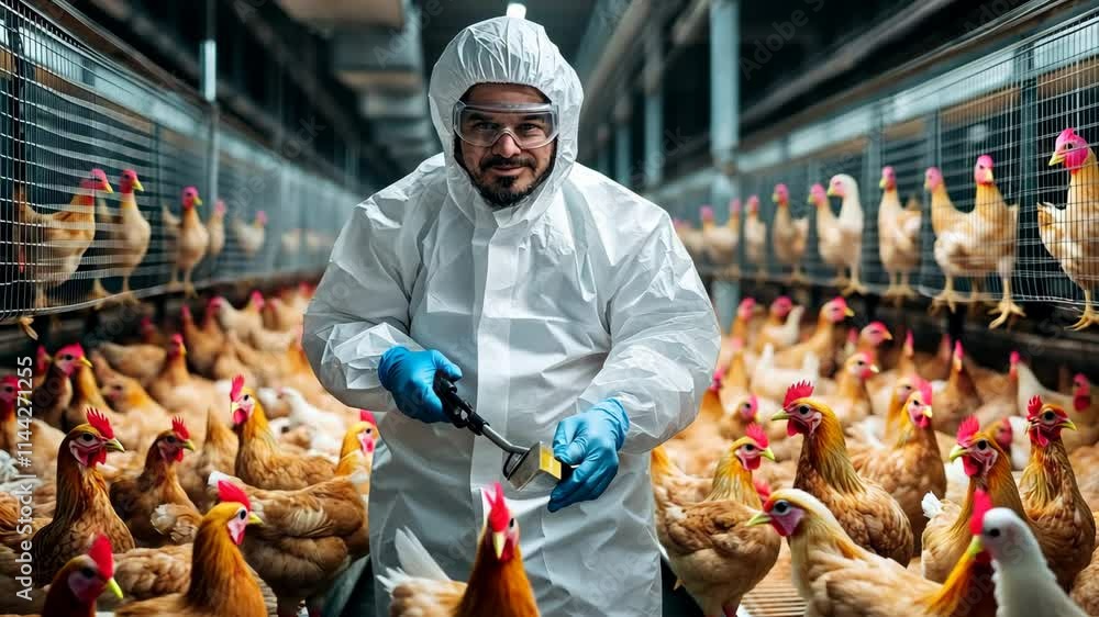 Poster man in a white lab coat is cutting a chicken with a knife. the chickens are crowded together in a pe