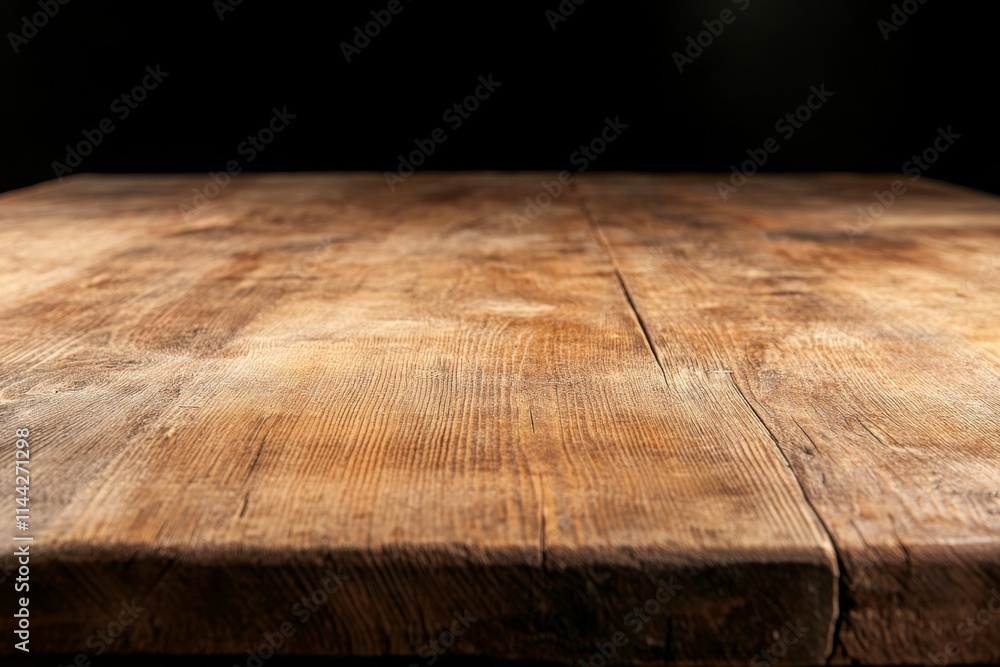 Poster rustic wooden table surface with rich texture and natural grain patterns in a dimly lit setting