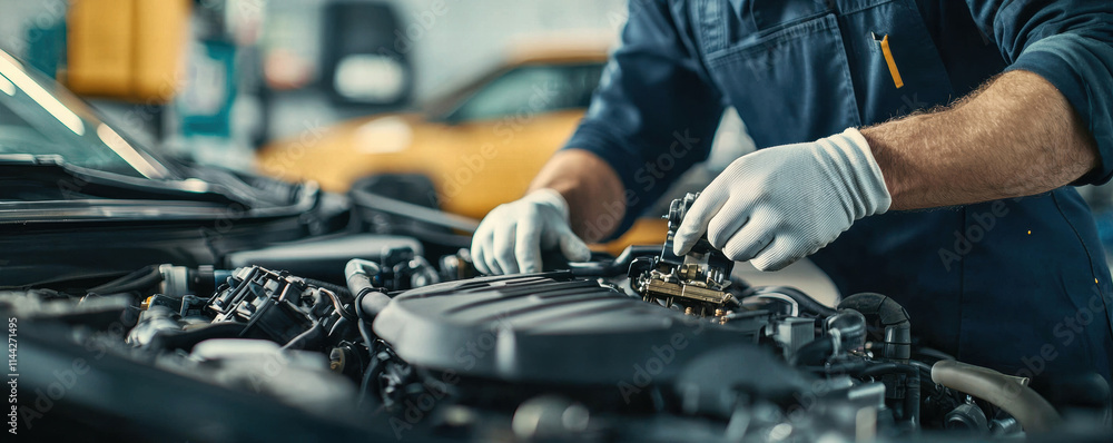 Poster mechanics repair engine testing. mechanic working on an engine in a garage with tools and yellow car
