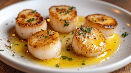 Golden Seared Scallops on Plate with Light Herb Garnish