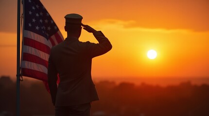 A military man in an officer's uniform salutes the American flag against the backdrop of sunset. Silhouette of military and US flag.