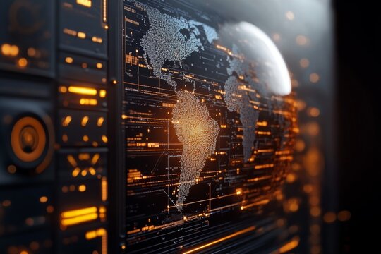 Digital world map illuminated by bright data streams in a high-tech environment