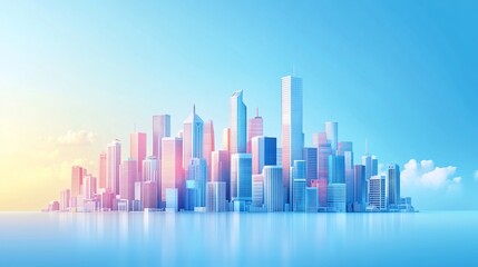 Obraz premium Pastel city skyline at sunrise, reflecting on calm water.