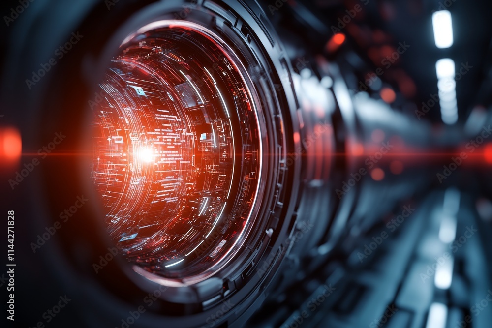 Poster advanced sci-fi machinery with intricate designs and glowing elements in a futuristic environment