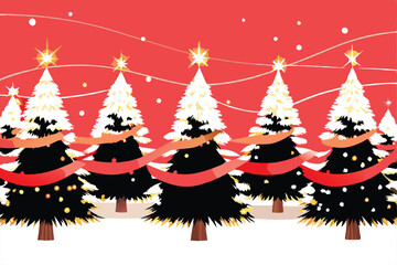 A picturesque row of snow-laden Christmas trees adorned with golden lights, glistening under a winter sky.