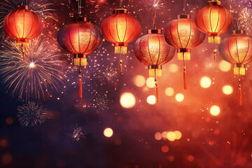 Chinese New Year lantern with fireworks in the background