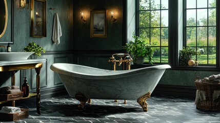 This elegant bathroom features a marble bathtub with gold accents, surrounded by plants. The large windows allow natural light to fill the space, enhancing the luxurious ambiance.