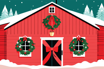 A rustic wooden barn, adorned with charming Christmas wreaths, garland, and twinkling lights, exuding a cozy holiday spirit.