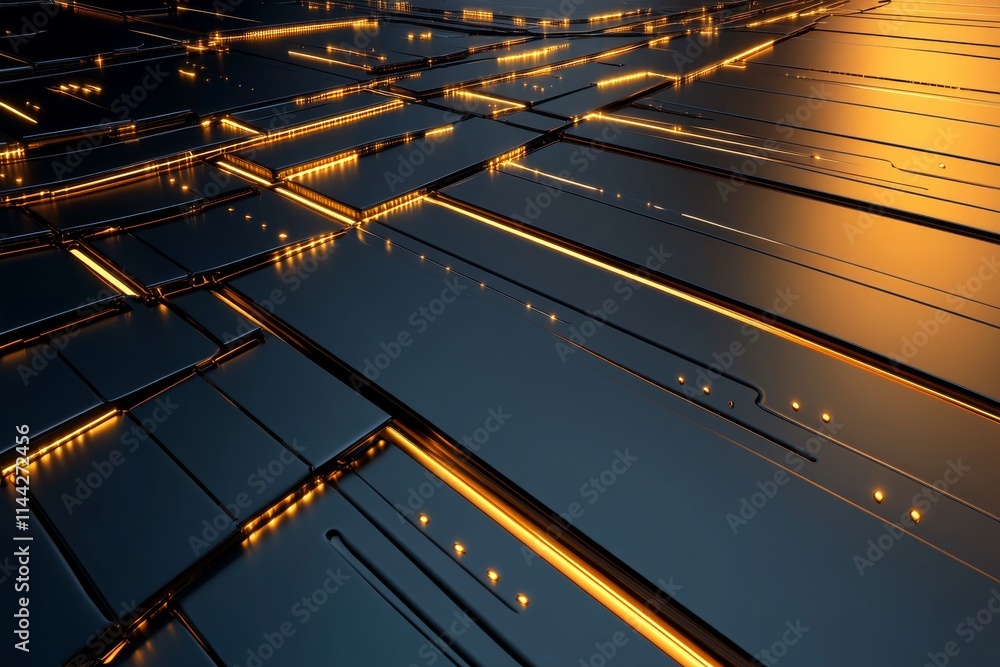 Poster intricate patterns of glowing lines on a dark metallic surface under ambient light during nighttime