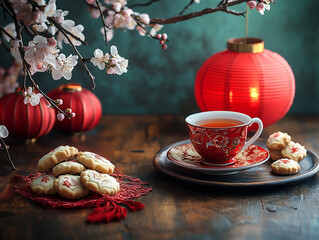 Chinese New Year cookies and a cup of tea on the table with red lantern and cherry blossom flowers
