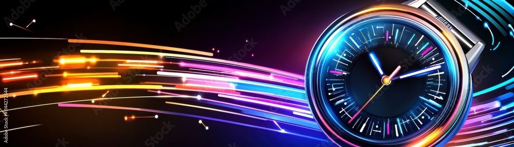 Poster dynamic timepiece display modern digital environment graphic design colorful light trails futuristic