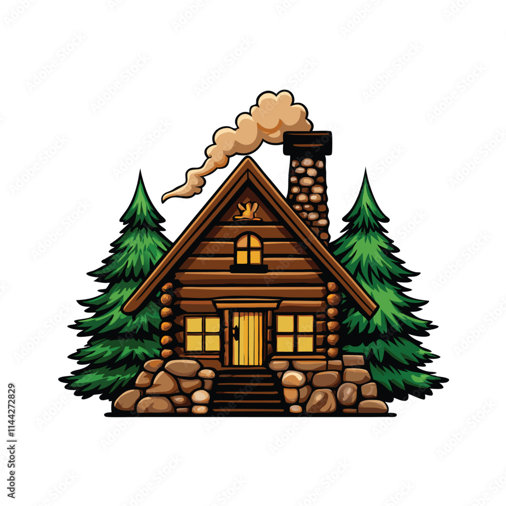 Poster a rustic log cabin nestled deep within a lush forest, featuring a stone chimney and inviting porch. 