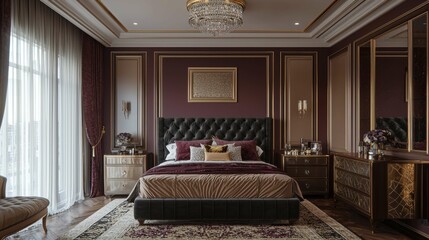 This elegant bedroom features rich burgundy tones, plush velvet furnishings, and glamorous accents, highlighting a sophisticated European style.