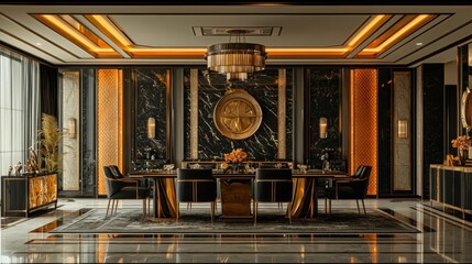 A luxurious dining room featuring bold black and gold decor, sleek furniture, and elegant lighting, combining opulent materials with stylish design elements.