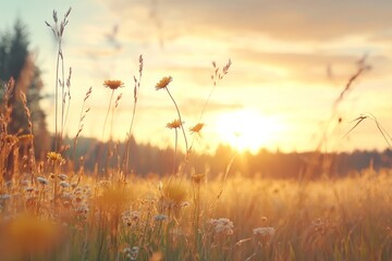 Obraz premium Beautiful sunset over wildflowers in a serene meadow with golden light illuminating the landscape